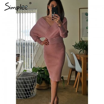 Simplee Sexy v-neck women knitted skirt suits Autumn winter batwing sleeve 2 pieces Elegant party female sweater pink dress Blue